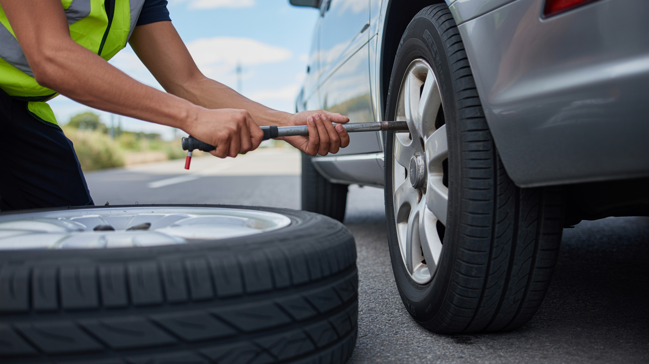 Professional technician changing a flat tyre on the roadside with tools
