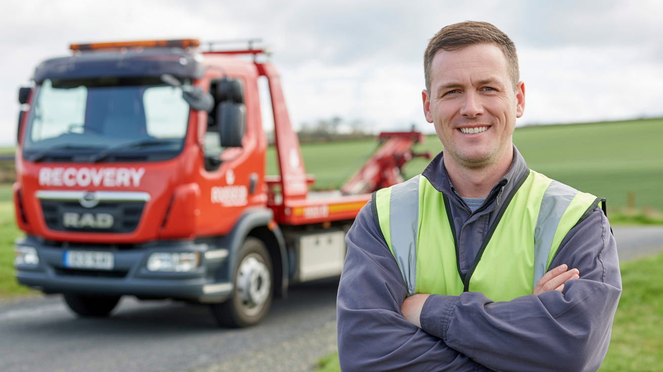 Roadside Rescue Louth professional recovery operator standing confidently by recovery truck